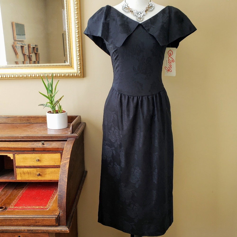 NWT Vintage 80s Lanz Wide Collar Black Sheath Dress Size 10